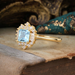 vintage Aquamarine Princess Cut Ring with Brilliant Cluster Design