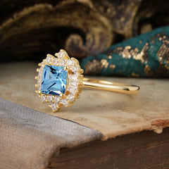 vintage Aquamarine Princess Cut Ring with Brilliant Cluster Design