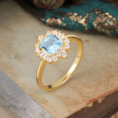vintage Aquamarine Princess Cut Ring with Brilliant Cluster Design