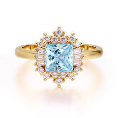 Princess Cut Aquamarine Engagement Ring Brilliant Cluster Ring
