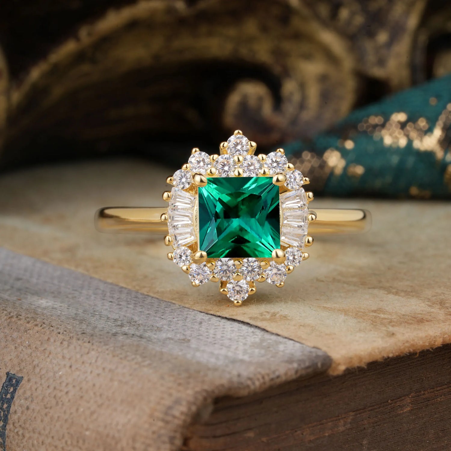 Classic 4 Prong Princess Cut Emerald Cluster Engagement Ring