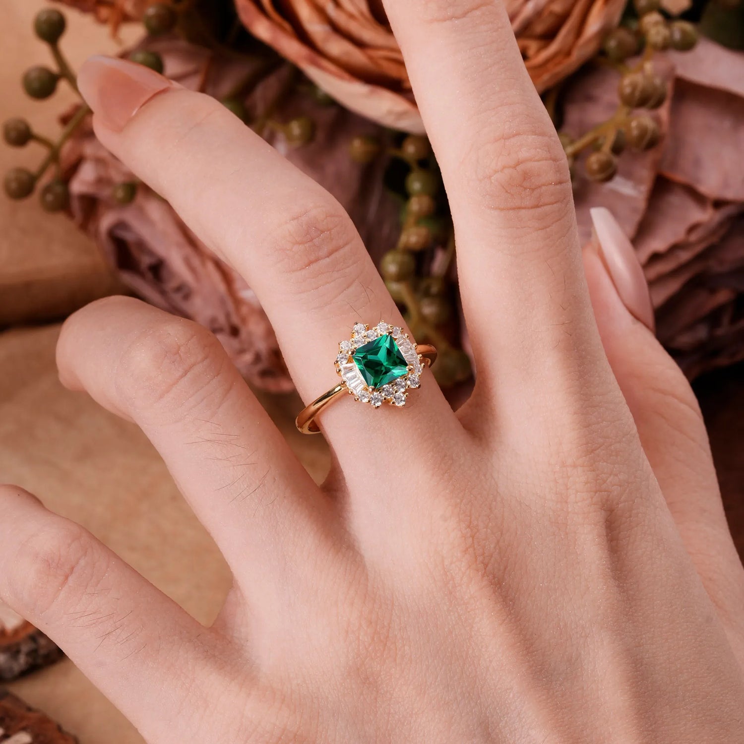 Classic 4 Prong Princess Cut Emerald Cluster Engagement Ring