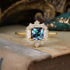 Princess Cut Alexandrite Engagement Ring Brilliant Cluster Ring