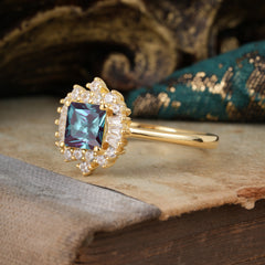 Princess Cut Alexandrite Engagement Ring Brilliant Cluster Ring