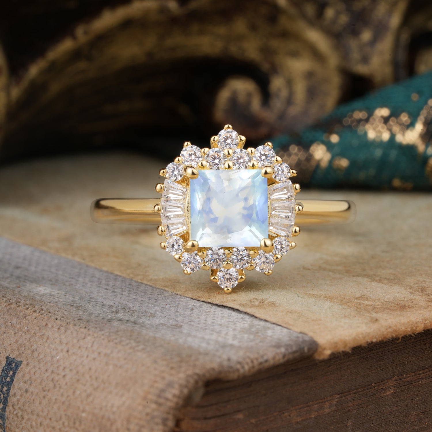 Classic 4 Prong Princess Cut Moonstone Cluster Engagement Ring