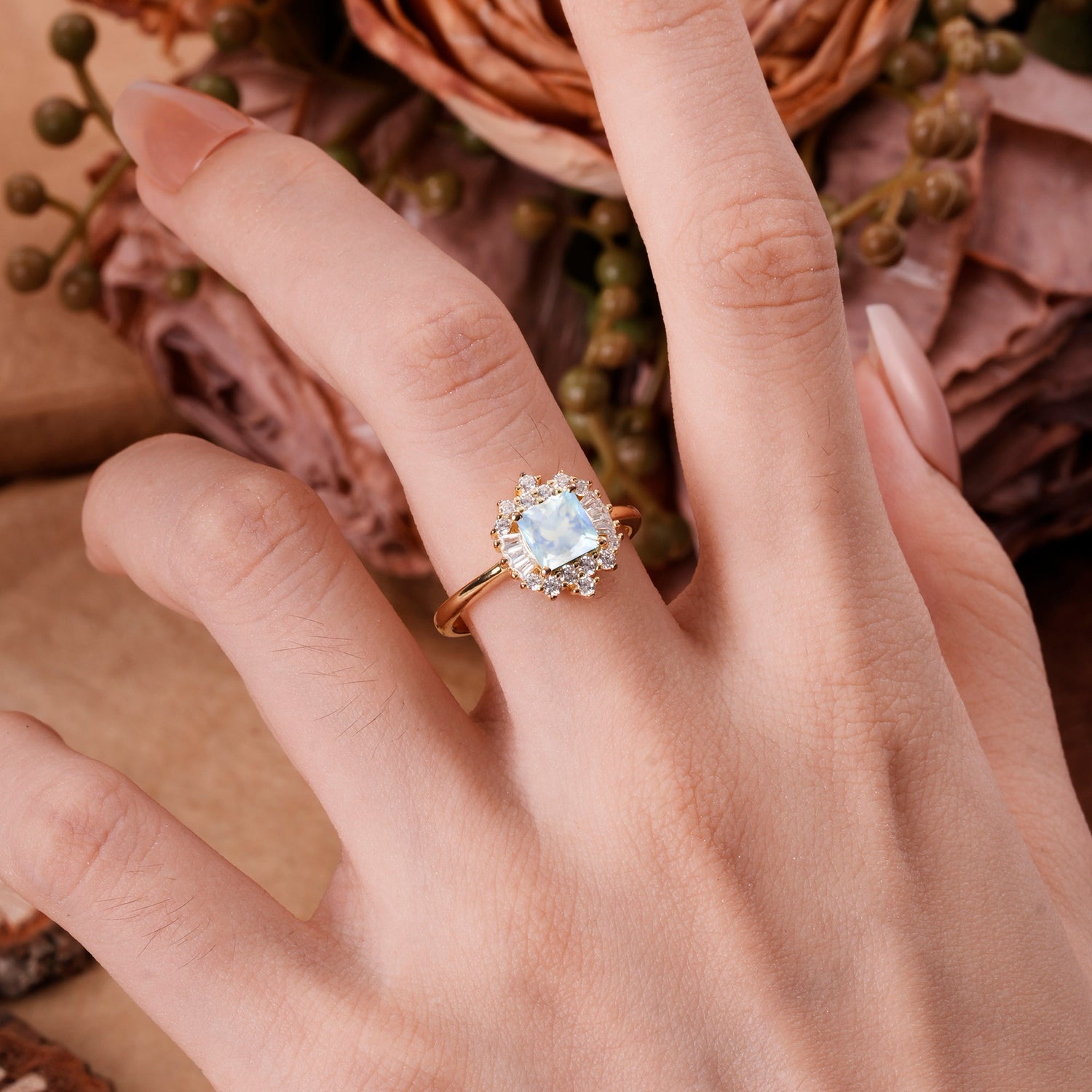 Classic 4 Prong Princess Cut Moonstone Cluster Engagement Ring