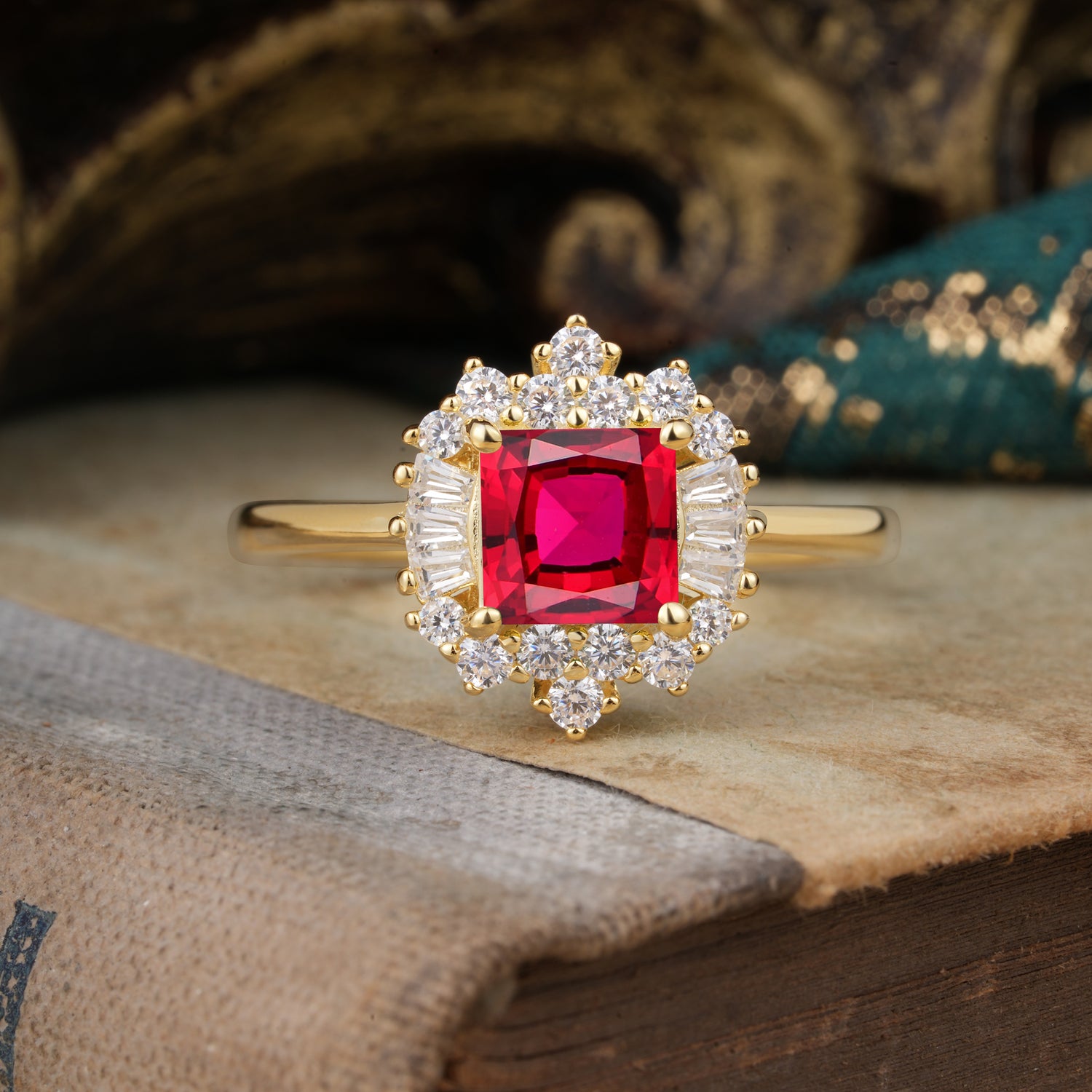Classic 4 Prong Princess Cut Ruby Cluster Engagement Ring