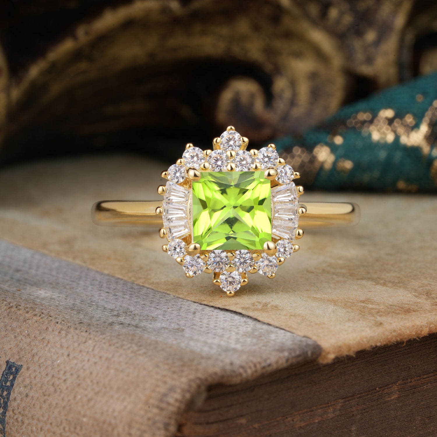 Classic 4 Prong Princess Cut Peridot Cluster Engagement Ring