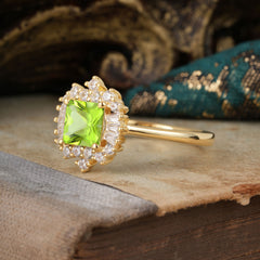 Princess Cut Peridot Engagement Ring Brilliant Cluster Ring