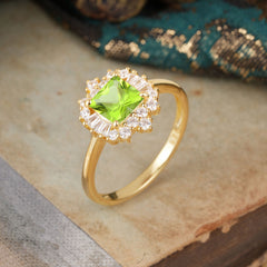 Princess Cut Peridot Engagement Ring Brilliant Cluster Ring