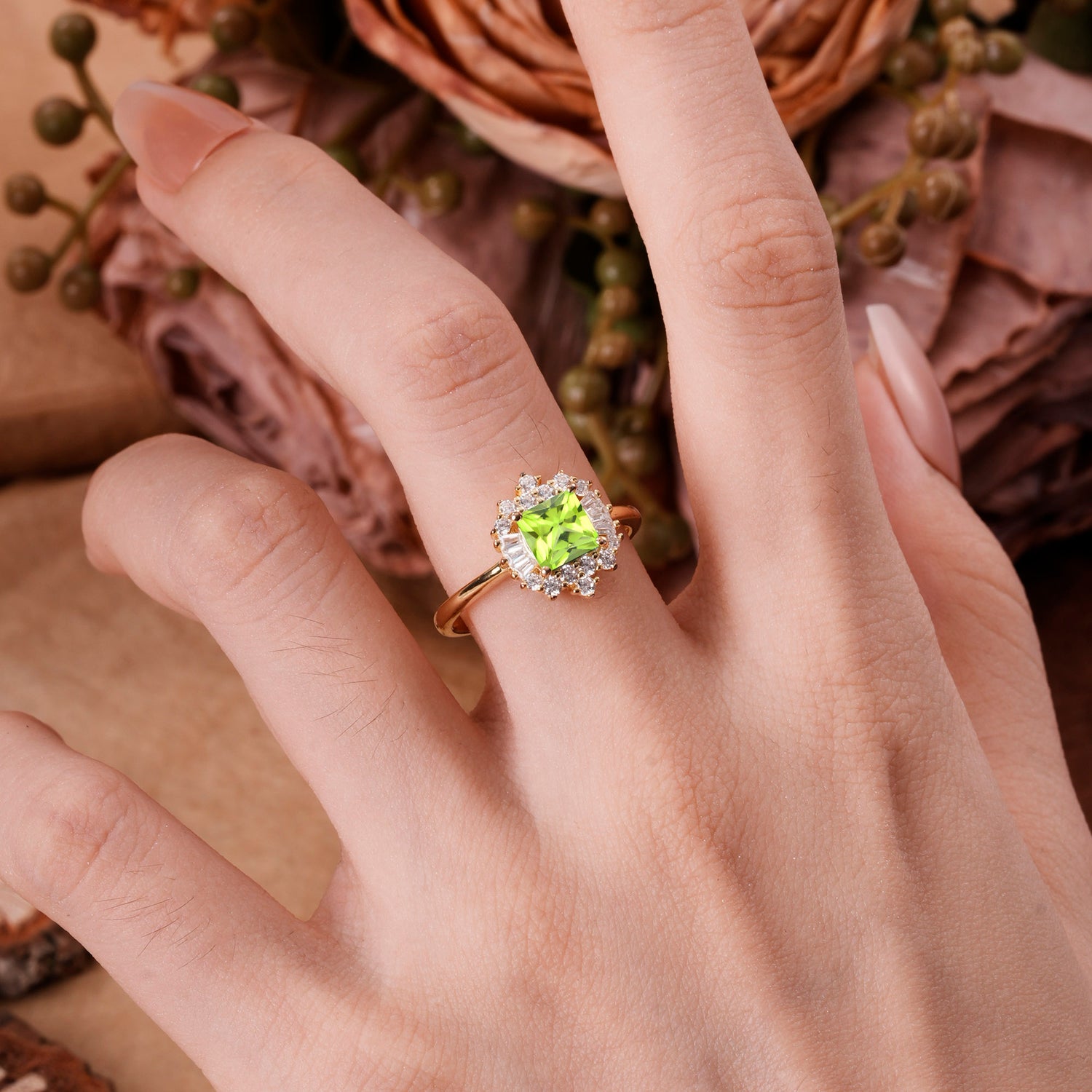 Classic 4 Prong Princess Cut Peridot Cluster Engagement Ring