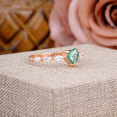 Unique Heart Shaped Moss Agate Engagement Ring Cute Pave Promise Ring