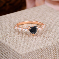 Unique Heart Shaped Black Onyx Engagement Ring Cute Pave Promise Ring