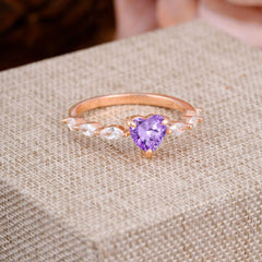 Unique Heart Shaped Amethyst Engagement Ring Cute Pave Promise Ring