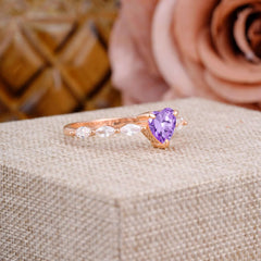 Unique Heart Shaped Amethyst Engagement Ring Cute Pave Promise Ring