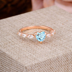 Unique Heart Shaped Aquamarine Engagement Ring Cute Pave Promise Ring
