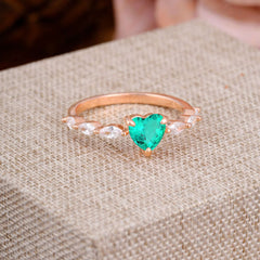 Unique Heart Shaped Emerald Engagement Ring Cute Pave Promise Ring