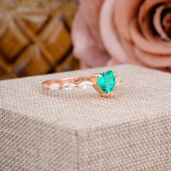 Unique Heart Shaped Emerald Engagement Ring Cute Pave Promise Ring