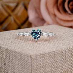 Unique Heart Shaped Alexandrite Engagement Ring Cute Pave Promise Ring