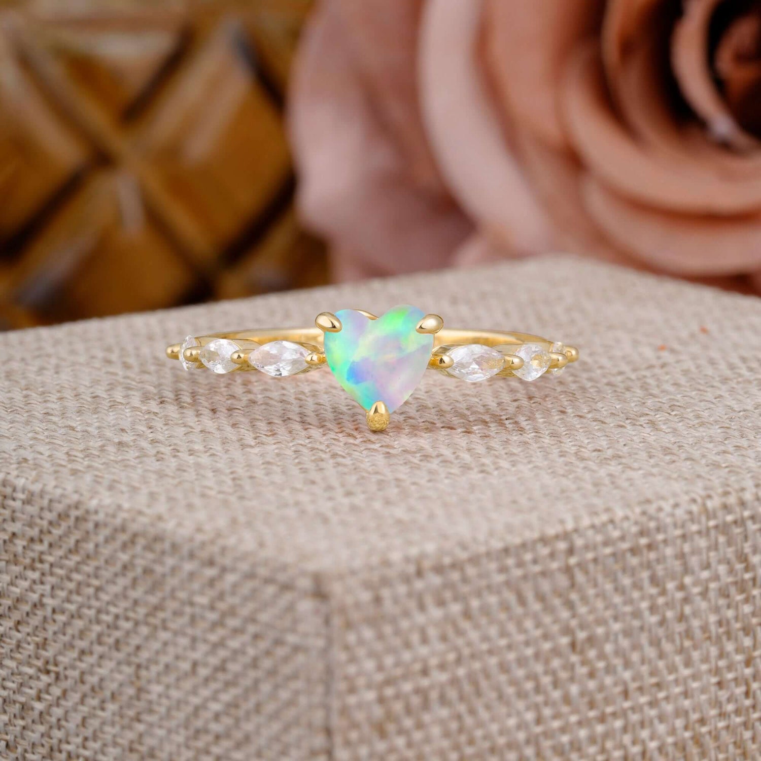 Unique Heart Shaped Opal Engagement Ring Cute Pave Promise Ring