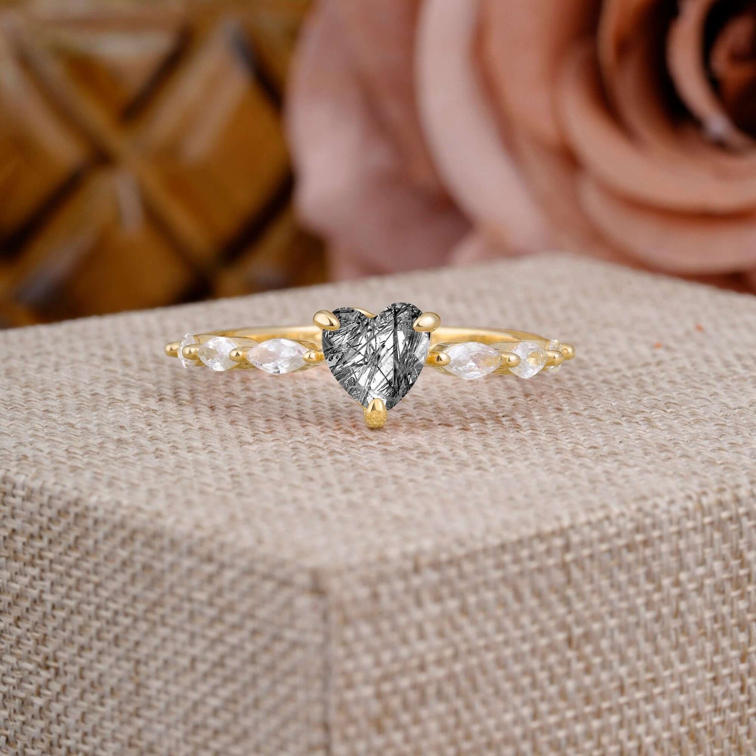 Unique Heart Shaped Black Rutilated Quartz Engagement Ring Cute Pave Promise Ring