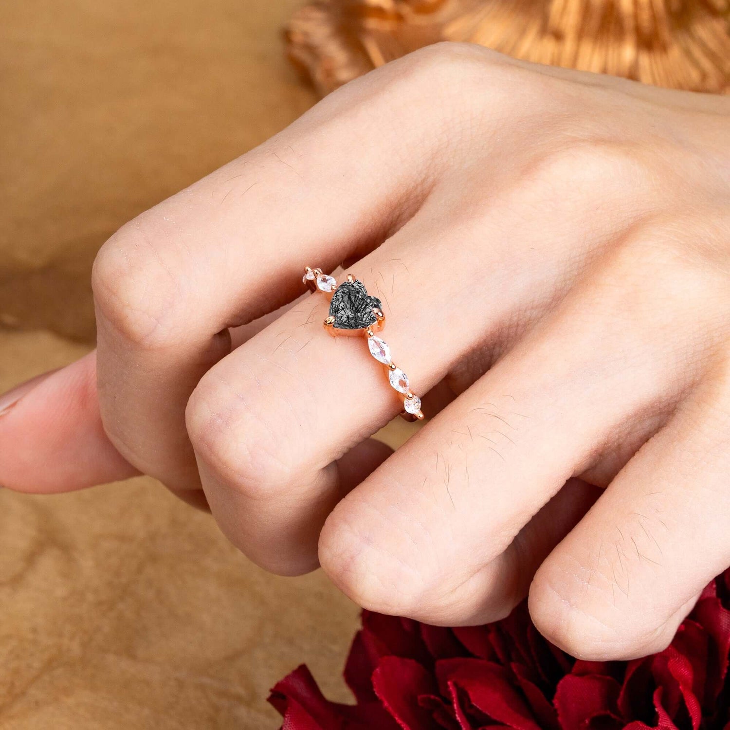 Unique Heart Shaped Black Rutilated Quartz Engagement Ring Cute Pave Promise Ring