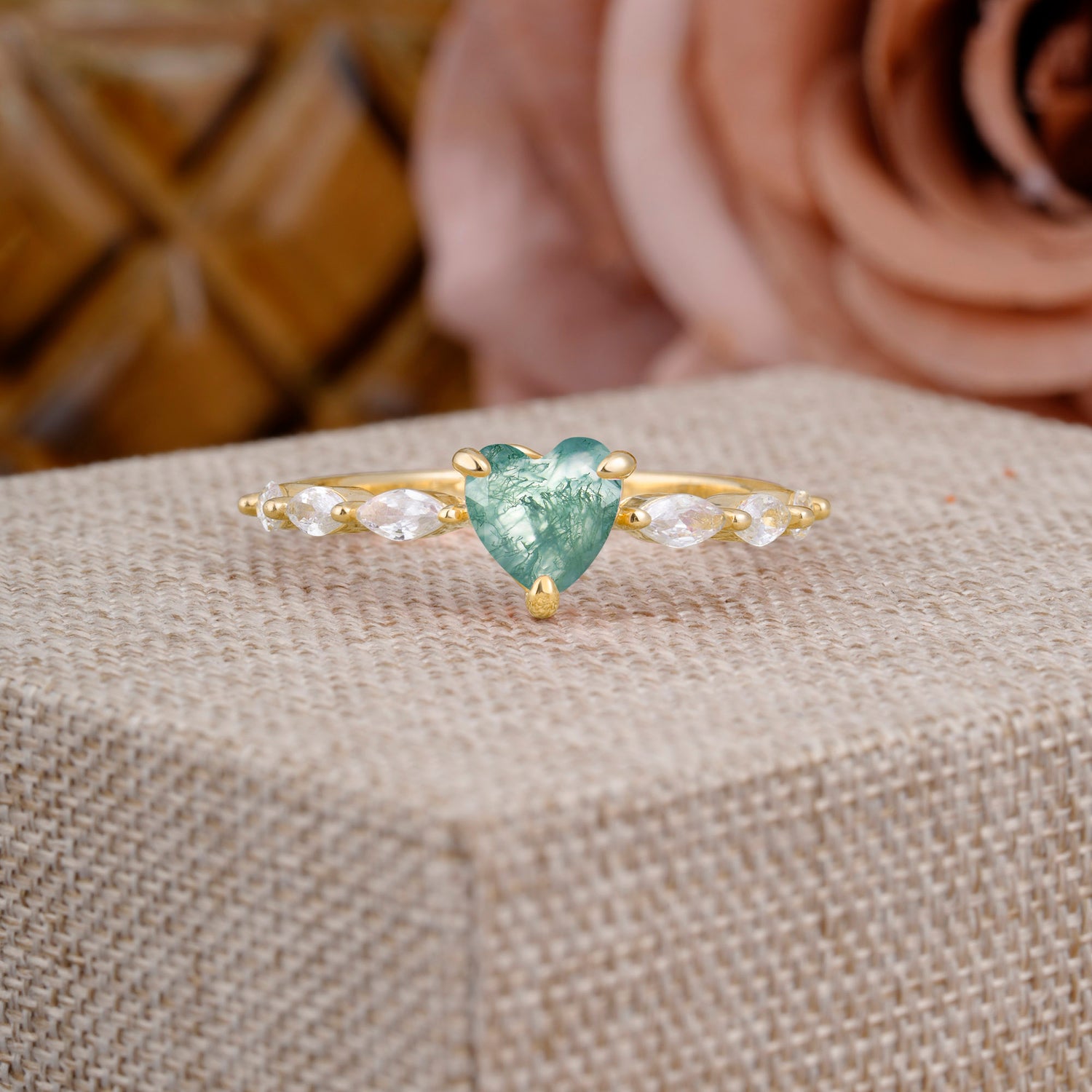 Unique Heart Shaped Moss Agate Engagement Ring Cute Pave Promise Ring