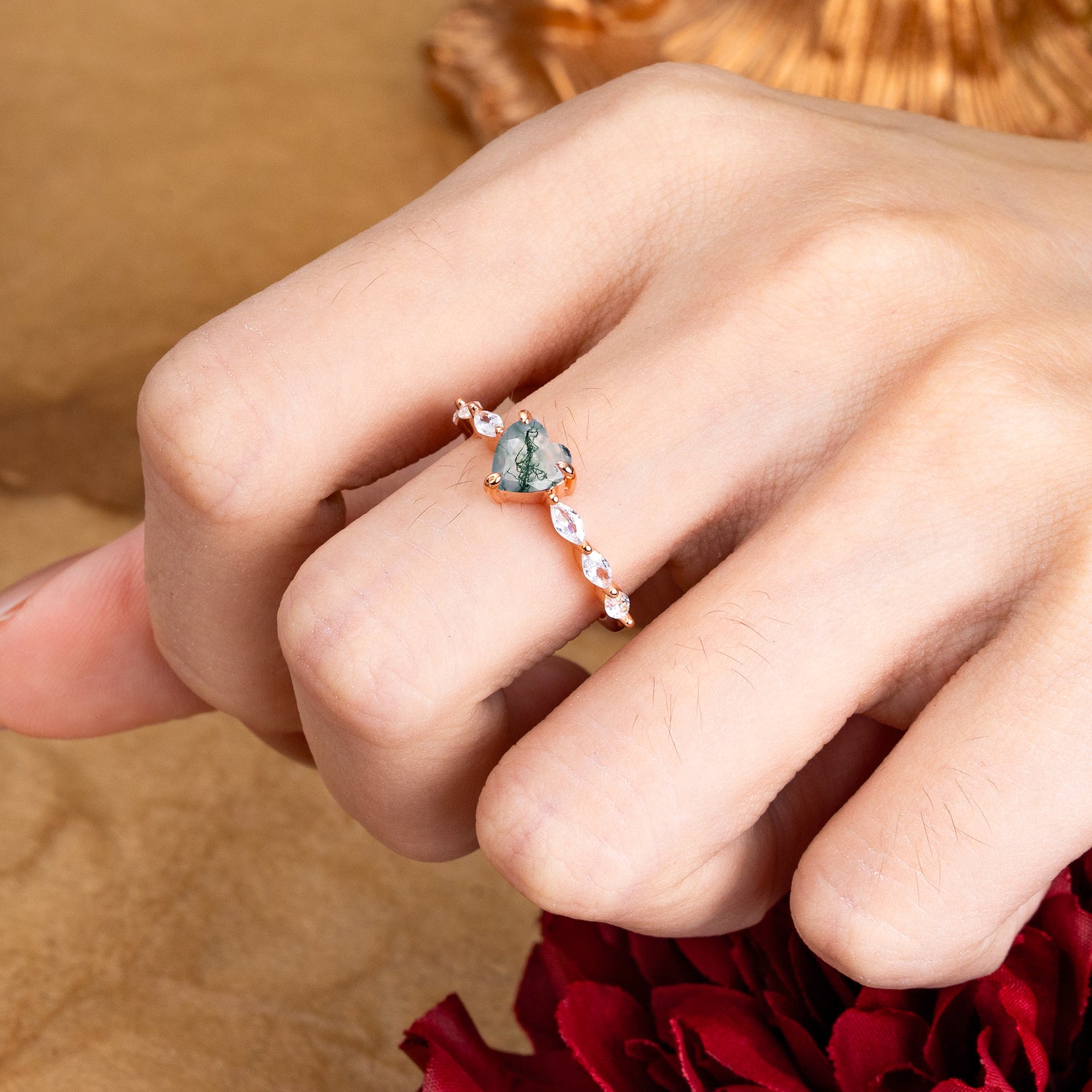 Unique Heart Shaped Moss Agate Engagement Ring Cute Pave Promise Ring