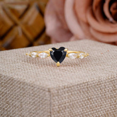 Unique Heart Shaped Black Onyx Engagement Ring Cute Pave Promise Ring
