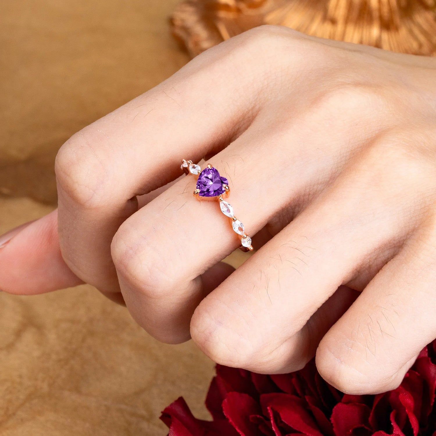 Unique Heart Shaped Amethyst Engagement Ring Cute Pave Promise Ring