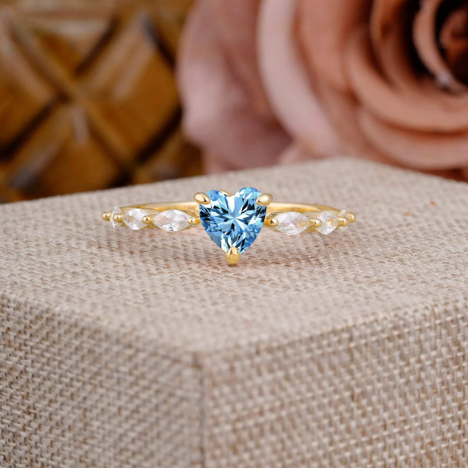 Unique Heart Shaped Aquamarine Engagement Ring Cute Pave Promise Ring