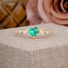 Unique Heart Shaped Emerald Engagement Ring Cute Pave Promise Ring