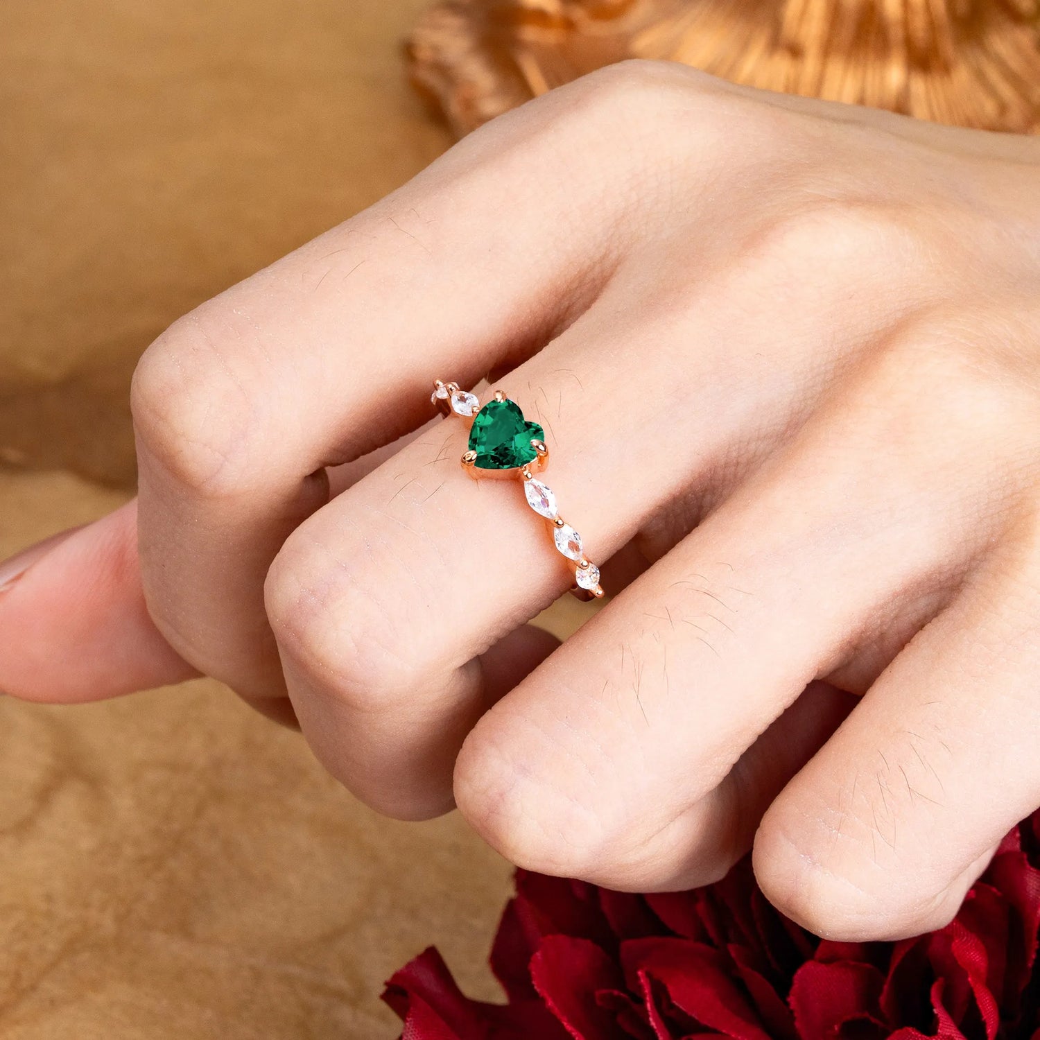 Unique Heart Shaped Emerald Engagement Ring Cute Pave Promise Ring