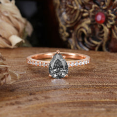 1.25 Carat Pear Cut Classic Green Emerald Anniversary Ring for Girlfriend Black Rutilated Quartz