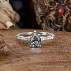 1.25 Carat Pear Cut Classic Green Emerald Anniversary Ring for Girlfriend Black Rutilated Quartz
