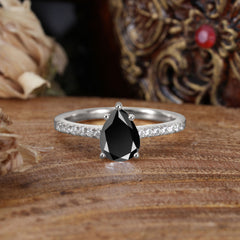 1.25 Carat 14K White Gold Pear Cut Classic Anniversary Ring for Girlfriend Black Onyx