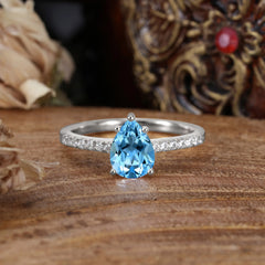 1.25 Carat 14K White Gold Pear Cut Classic Anniversary Ring for Girlfriend Aquamarine