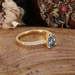 1.25 Carat Pear Cut Classic Green Emerald Anniversary Ring for Girlfriend Black Rutilated Quartz