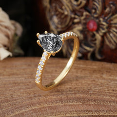 1.25 Carat Pear Cut Classic Green Emerald Anniversary Ring for Girlfriend Black Rutilated Quartz