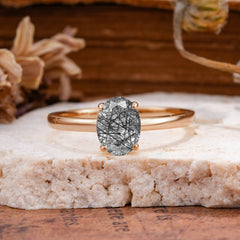 Minimalist Oval Cut 1.5 Carat Black Rutilated Quartz Solitaire Engagement Ring