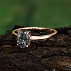 Minimalist Oval Cut 1.5 Carat Black Rutilated Quartz Solitaire Engagement Ring
