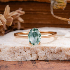 Minimalist Oval Cut 1.5 Carat Moss Agate Solitaire Engagement Ring