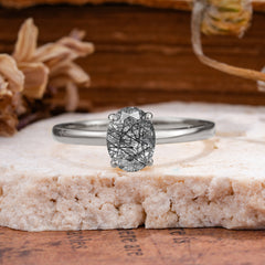Minimalist Oval Cut 1.5 Carat Black Rutilated Quartz Solitaire Engagement Ring