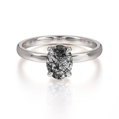 Minimalist Oval Cut 1.5 Carat Black Rutilated Quartz Solitaire Engagement Ring