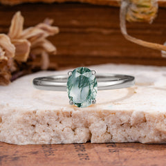 Minimalist Oval Cut 1.5 Carat Moss Agate Solitaire Engagement Ring