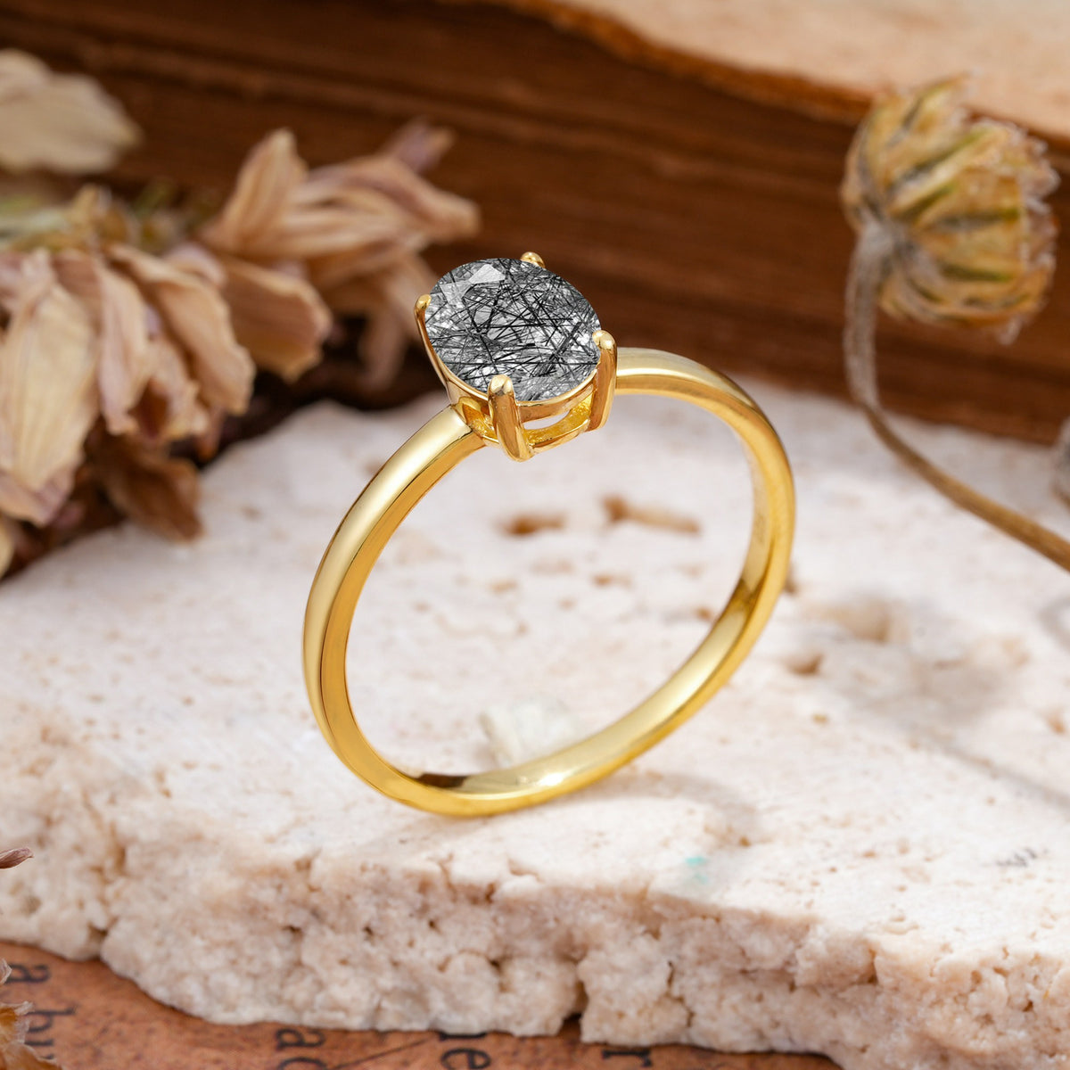 SR10856 Black Rutilated Quartz Ring - White-Gold