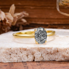 Minimalist Oval Cut 1.5 Carat Black Rutilated Quartz Solitaire Engagement Ring