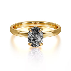 Minimalist Oval Cut 1.5 Carat Black Rutilated Quartz Solitaire Engagement Ring