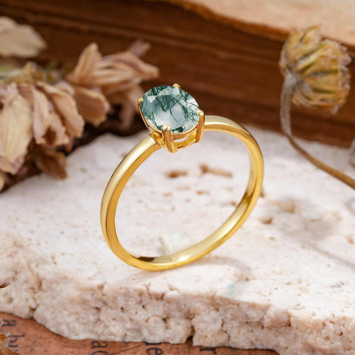 SR10856 Moss Agate Ring - White-Gold