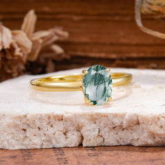 Minimalist Oval Cut 1.5 Carat Moss Agate Solitaire Engagement Ring